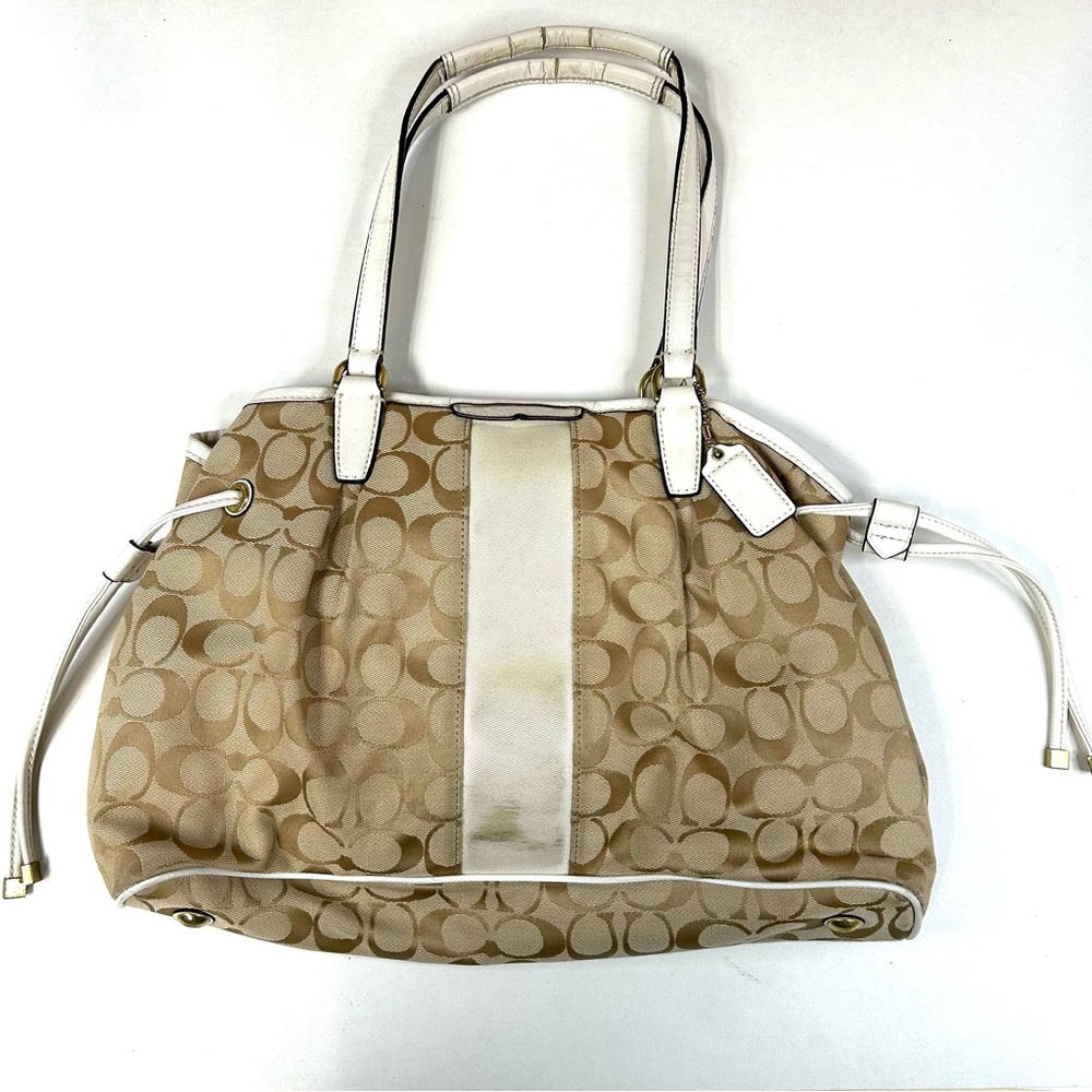 Y2K Coach Signature Stripe Drawstring Carryall Shoulder Tote Bag Beige F28501
